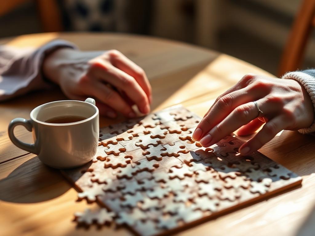 Hands working on a jigsaw puzzle beside a warm mug of tea
