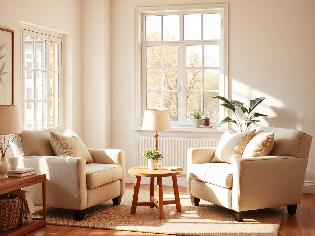 Bright living room with soft armchairs and warm natural light