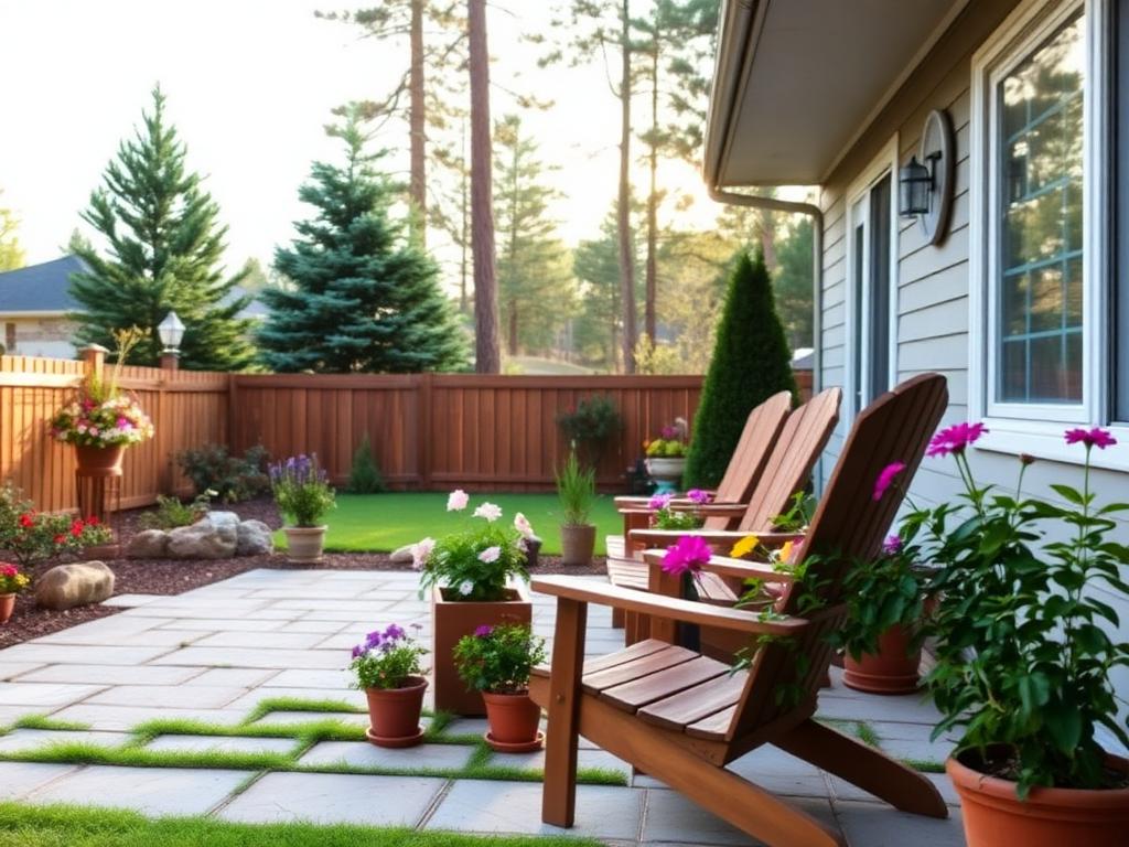 Garden patio with wooden chairs and pine trees